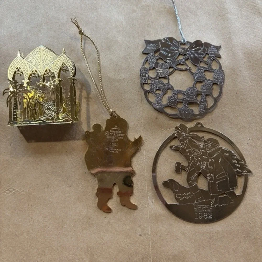 Vintage Brass Gold Ornaments  Hallmark Keepsake McDonald's Nativity Santa Bundle